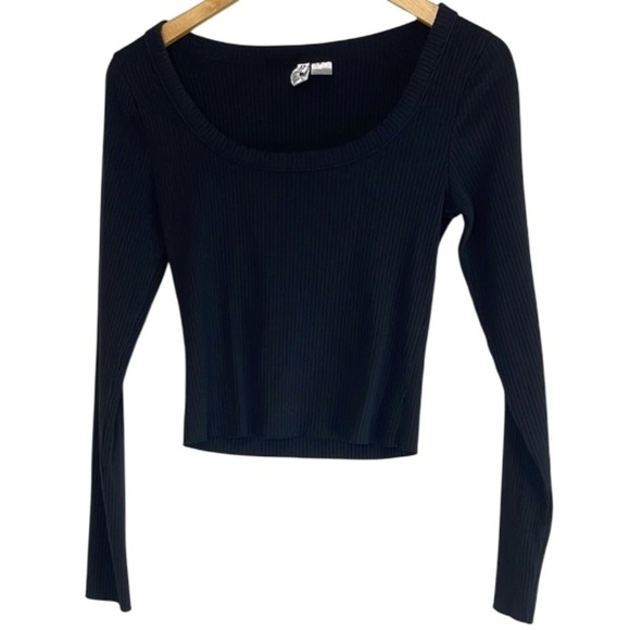 H&M Divided Ribbed Scoop Neck T-Shirt Black Long Sleeves Stretch Raw Hem S - Picture 10 of 10
